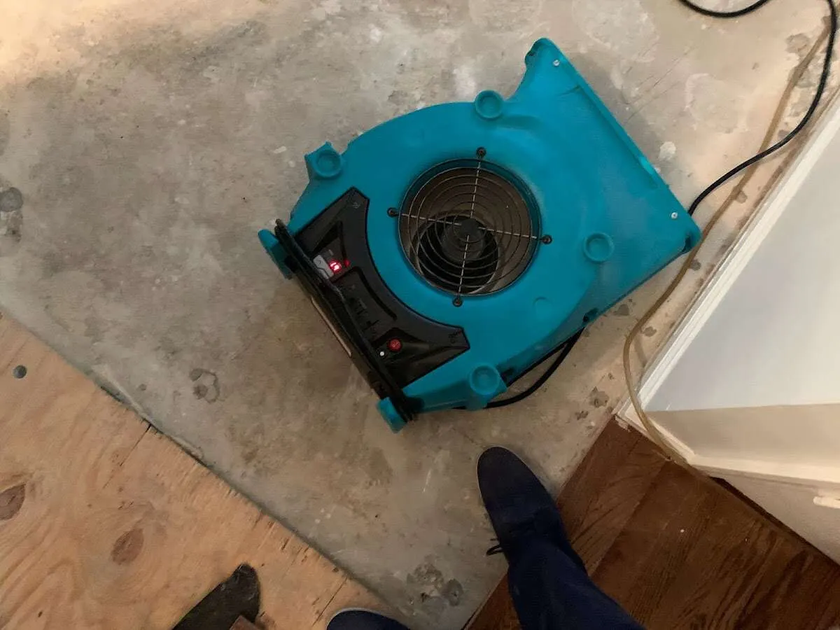Air mover drying subfloor during Leak Detection & Repair in Perrysburg